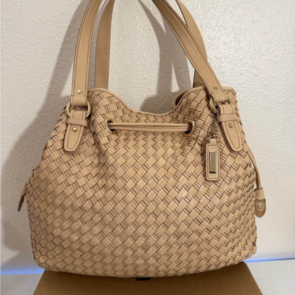 Cole Haan Tan Leather Shoulder Bag -Taylor Drawstring Woodbury Heritage Weave - Picture 3 of 16